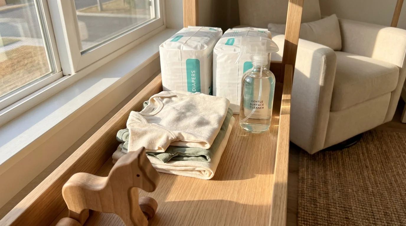 A clean nursery shelf with unbranded baby products and a wooden toy, bathed in soft afternoon light.