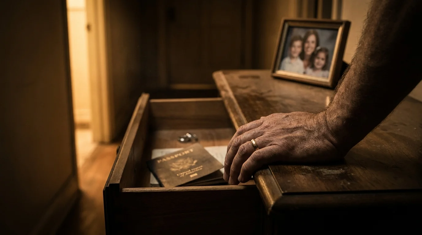 A close-up of a man's hand with a wedding ring, while another different ring and passport are seen in a drawer behind him.