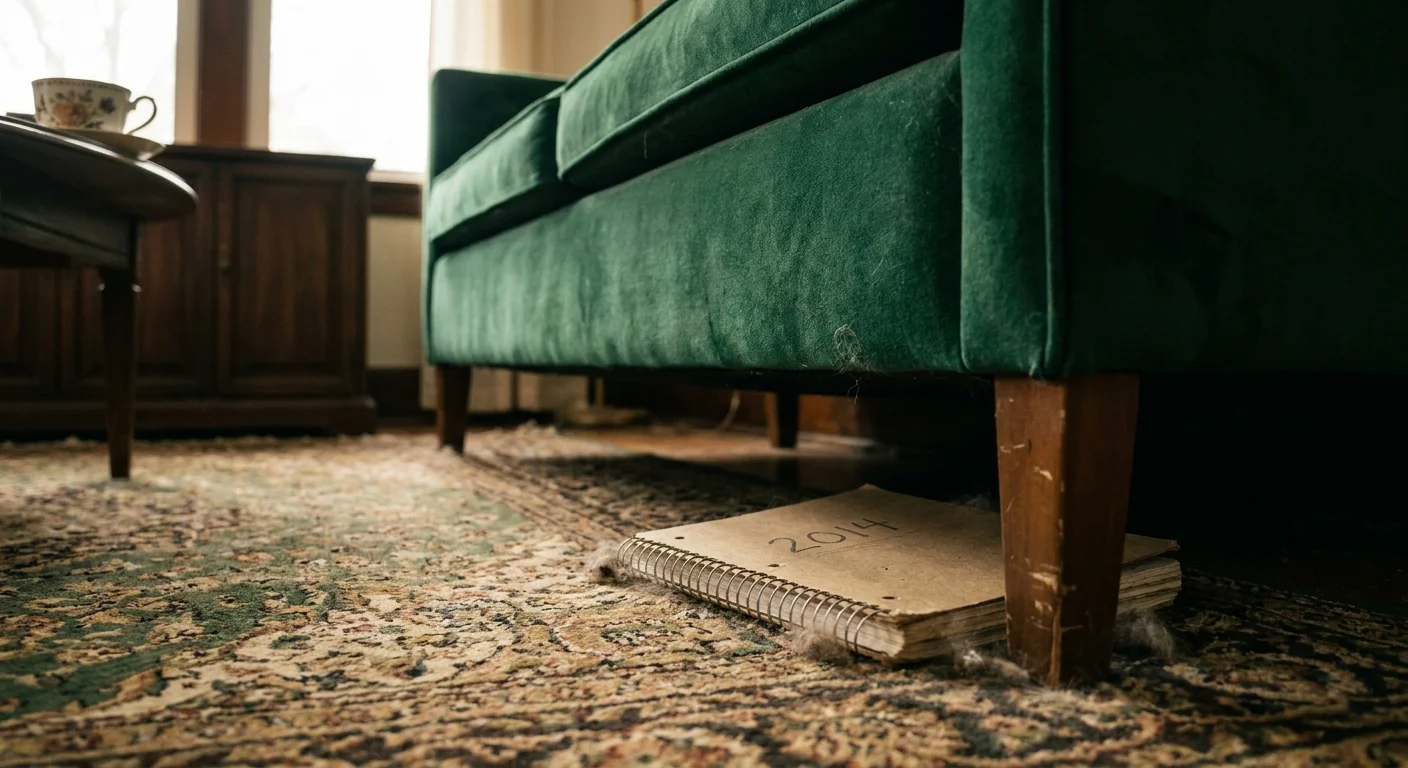 A close-up photo of a handwritten notebook peeking out from under a green velvet sofa on a patterned rug.