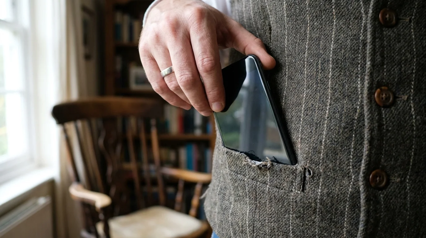A close-up photo of a modern smartphone being pulled out of a vintage 1920s-style vest pocket.