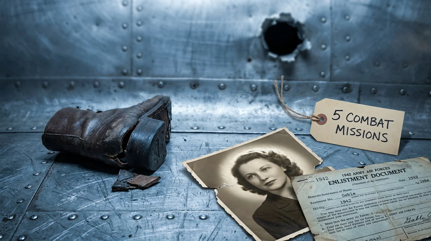 A collage featuring a shattered boot heel, an enlistment form, and a torn photograph on a metal airplane floor.