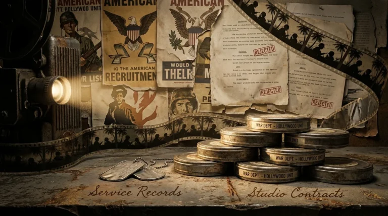 A collage of 1940s film canisters, silver dog tags, and weathered military documents under warm projector light.