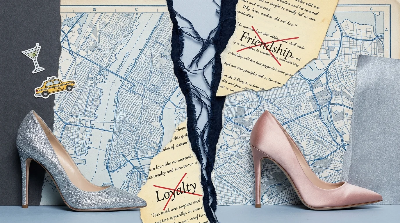 A collage of NYC skyscrapers and designer high heels separated by a large tear in the paper, symbolizing a professional rift.