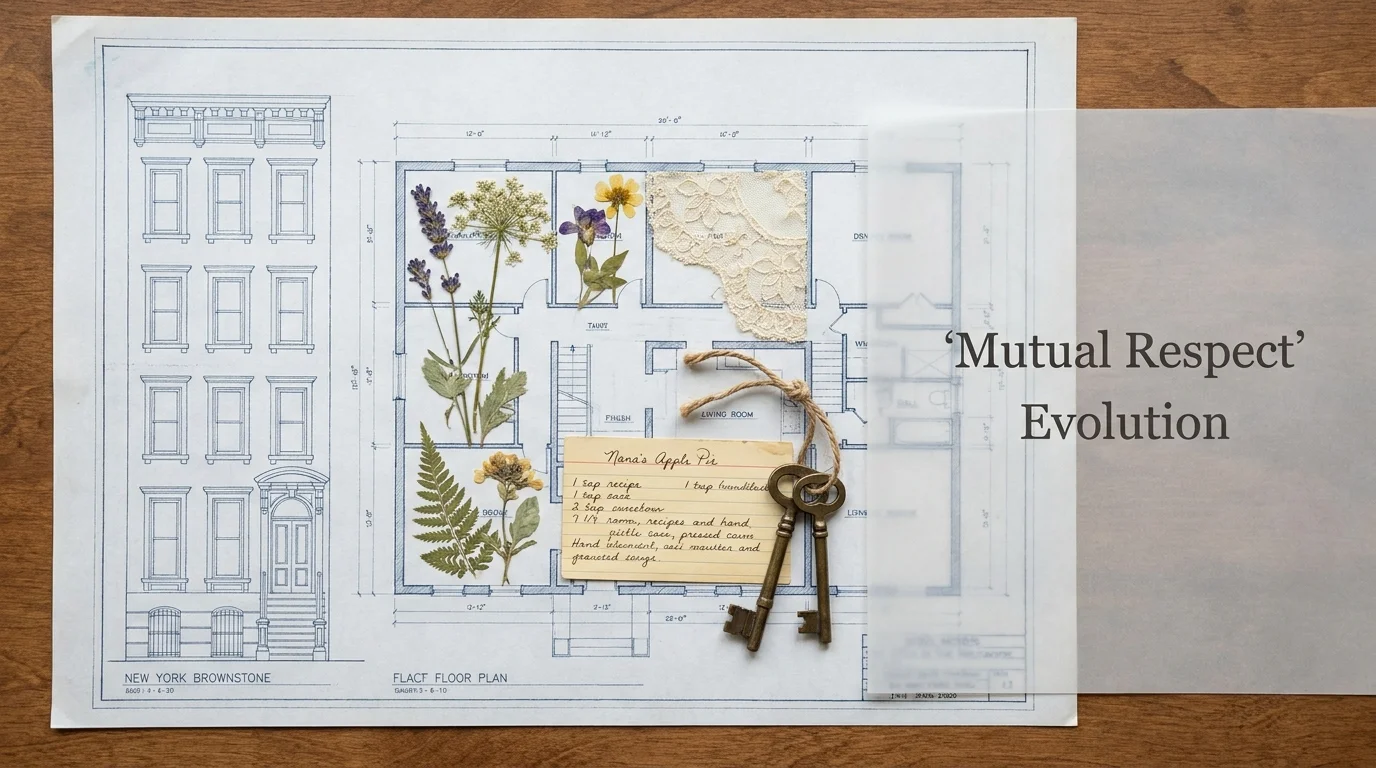 A collage on top of a blueprint, featuring pressed flowers and antique keys, with the words 'Mutual Respect' visible.