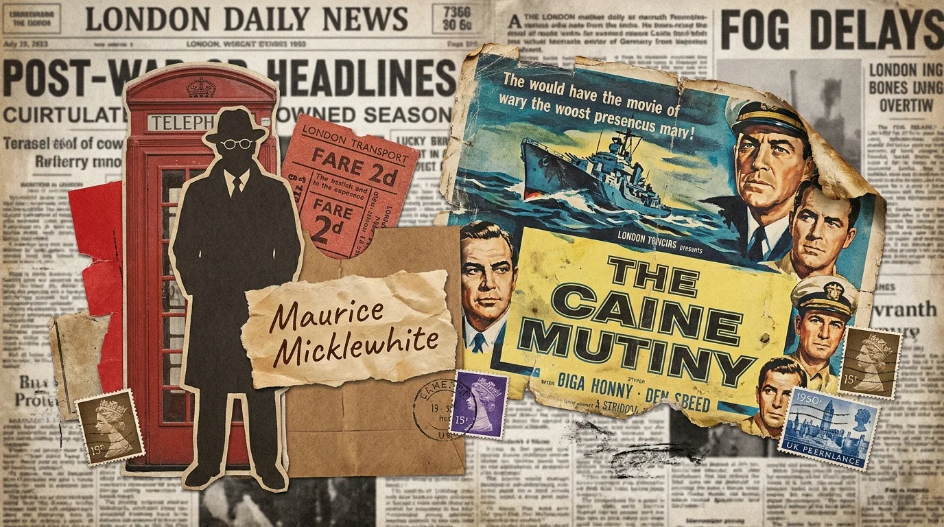 A collage showing a 1950s phone booth, a man in a trench coat, and a poster for the film The Caine Mutiny.