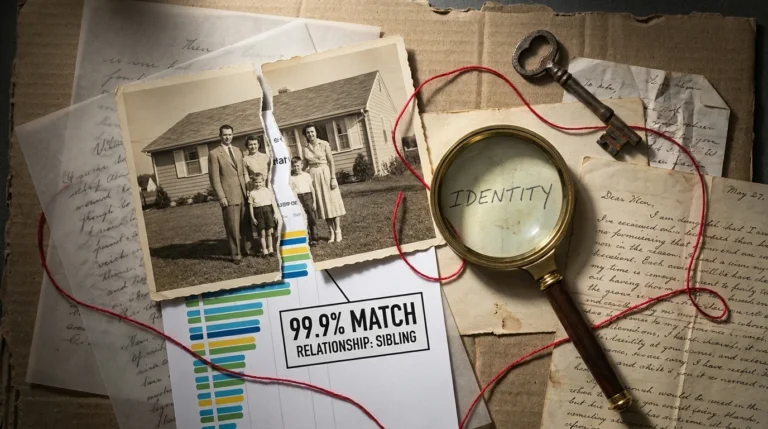 A collage showing a vintage family photo torn to reveal a modern DNA test result, symbolizing the uncovering of long-buried family secrets.