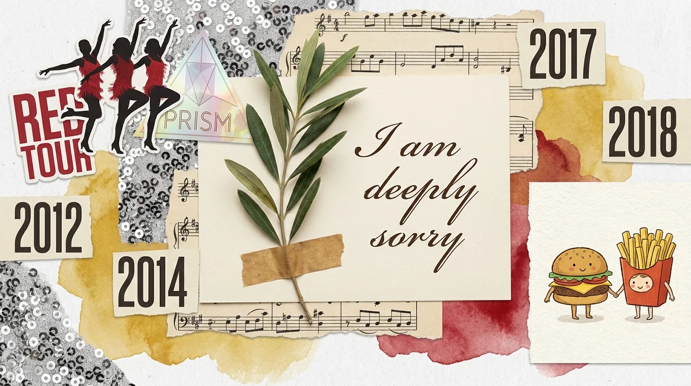 A collage showing an olive branch, a handwritten apology note, and the years 2012 through 2018, documenting a pop star reconciliation.