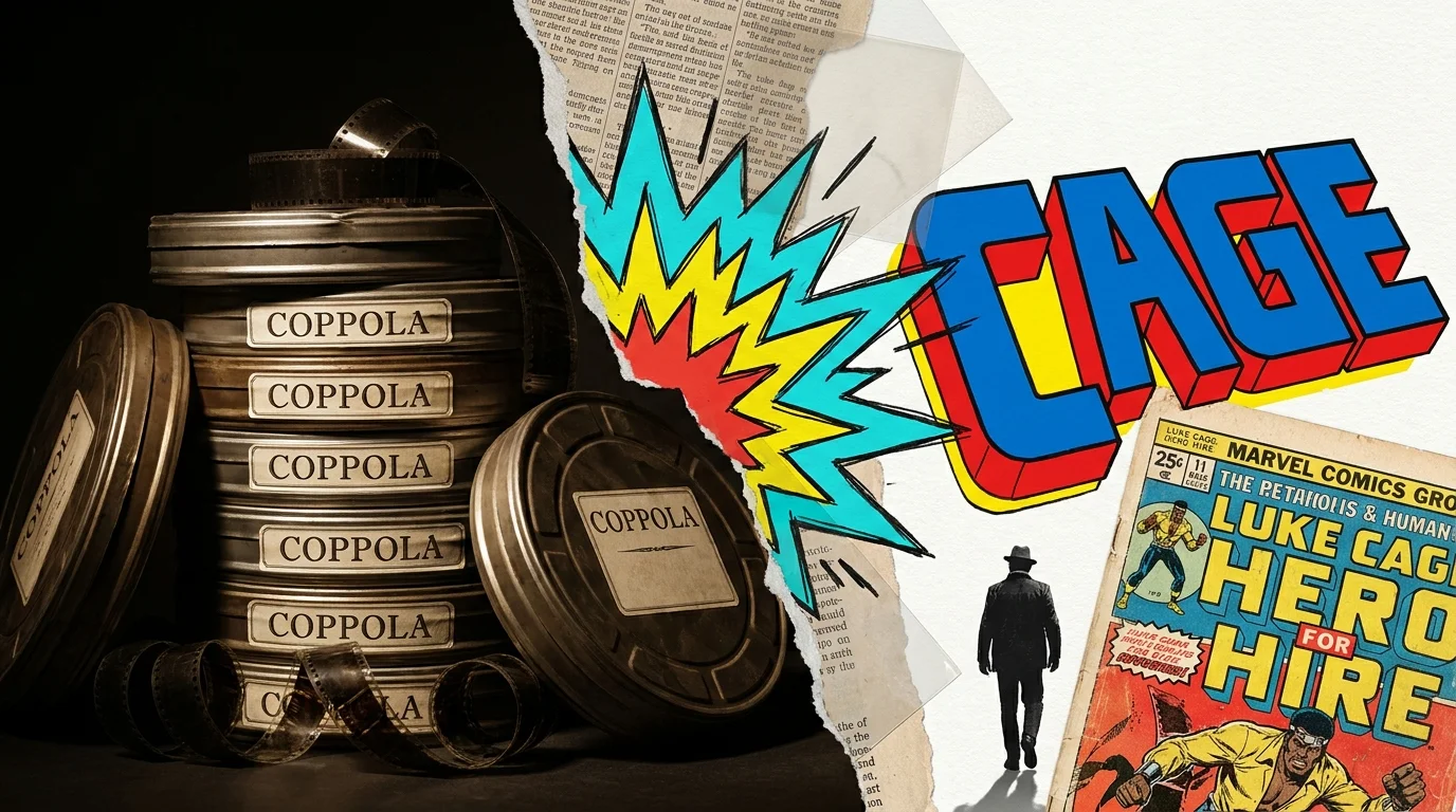 A collage showing the name Coppola in the shadows and the name Cage in bright, comic-book style lettering.
