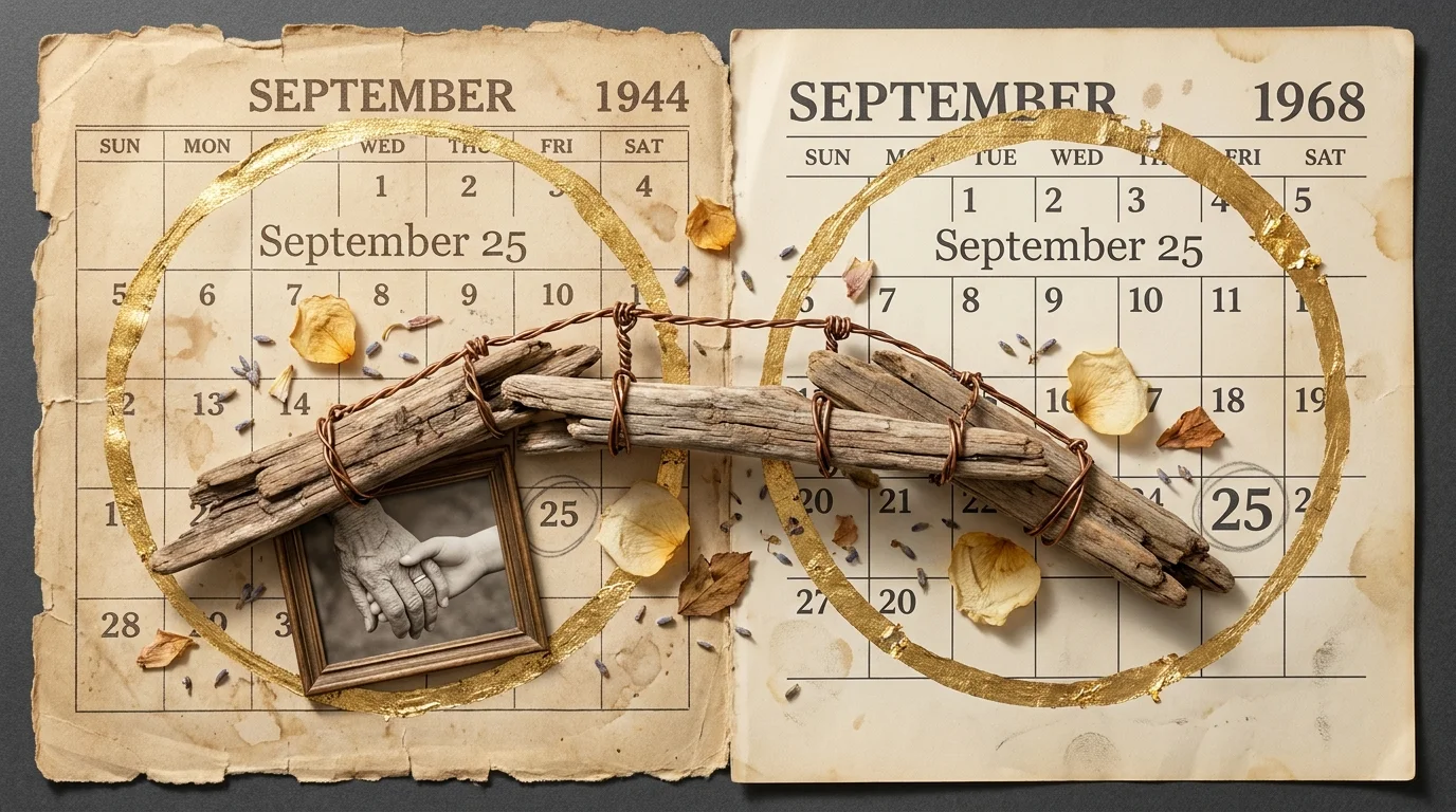 A collage showing two different vintage calendar pages with the date September 25 circled in gold, connected by a driftwood bridge.