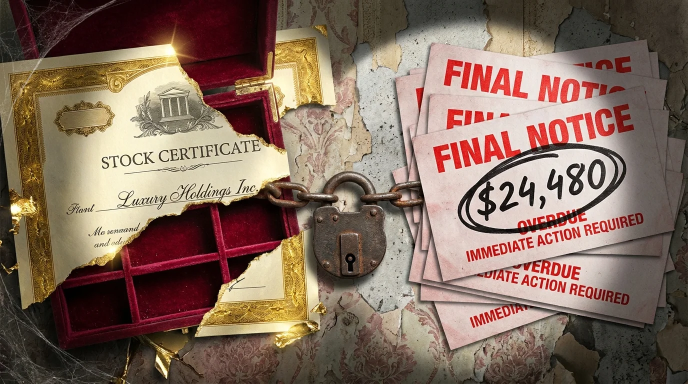 A composition showing gold stock certificates on one side and red debt notices on the other, linked by a heavy padlock.