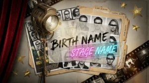A conceptual collage featuring torn photos, neon signs, and old film strips representing the transition from a birth name to a stage name.