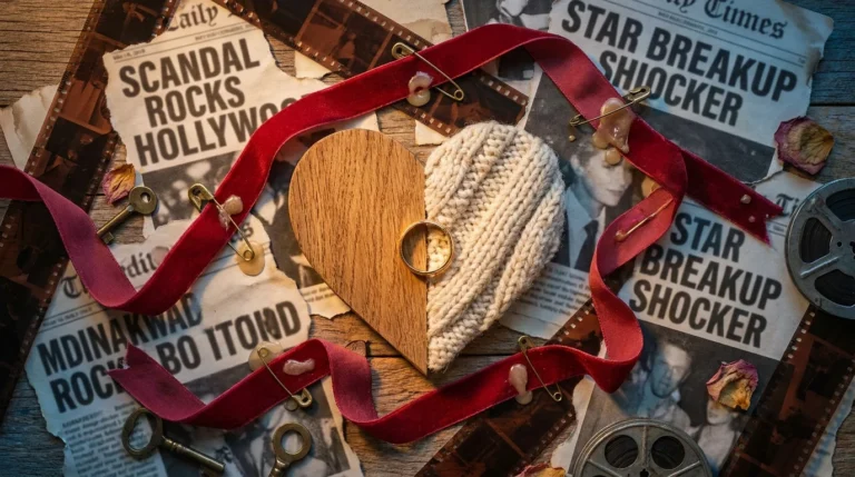 A conceptual collage of film strips, newspaper clippings, and warm domestic textures like wood and wool forming a heart in the center.