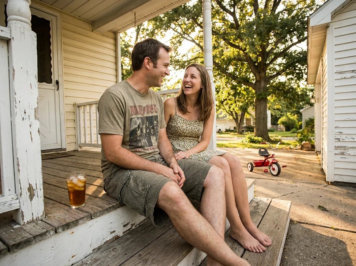 A couple laughing together while sitting on the steps of a modest suburban house at golden hour.