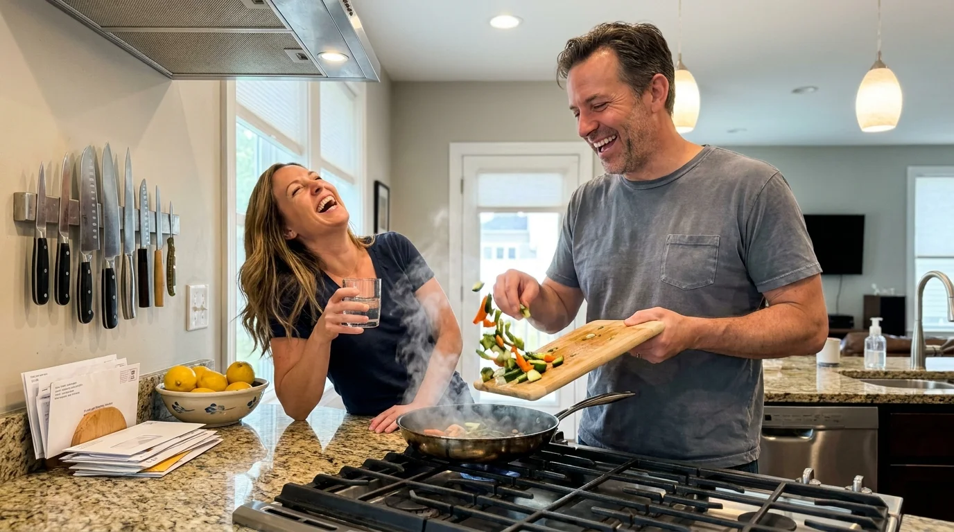 A couple laughs together in a realistic, sunny kitchen while cooking dinner, showing a normal domestic moment.