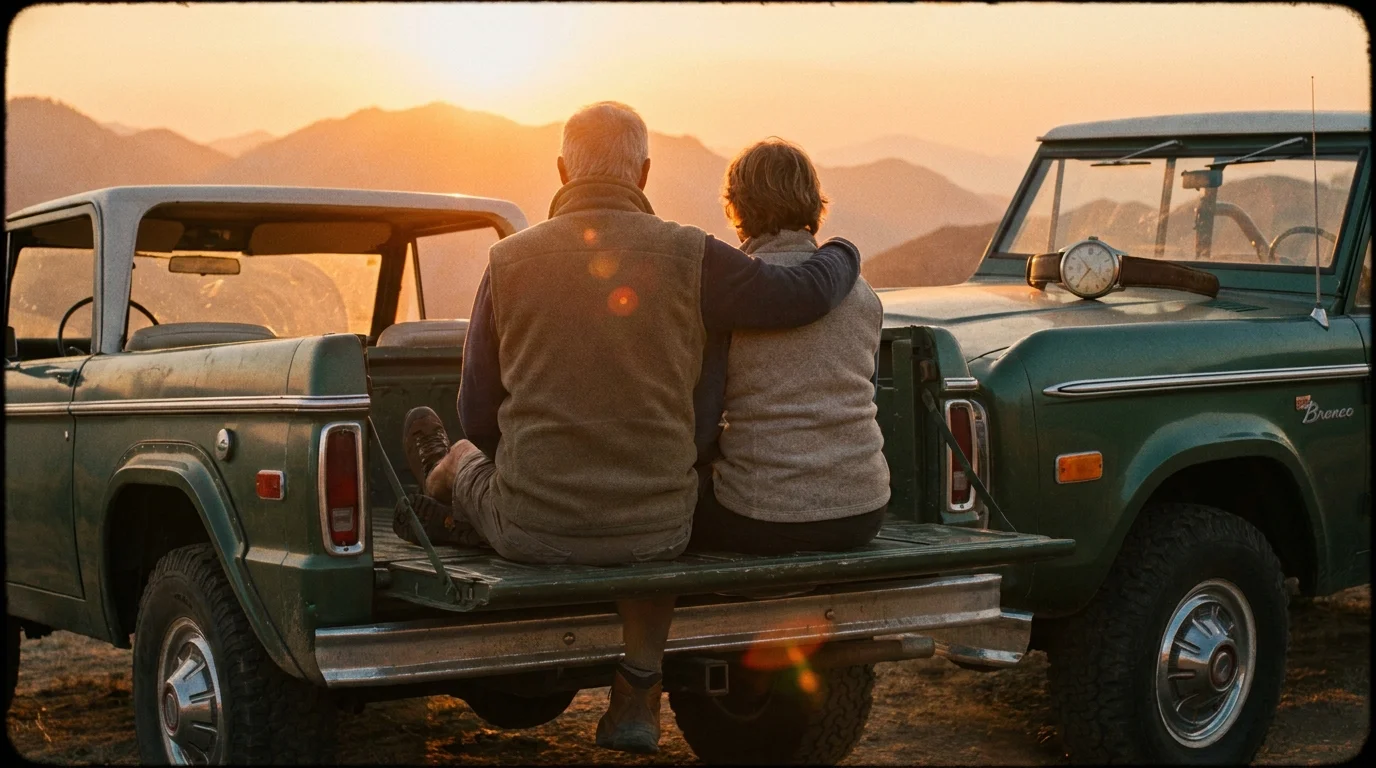 A couple sits on the back of a dusty SUV at sunset, looking out at a mountain range, captured with warm film grain.