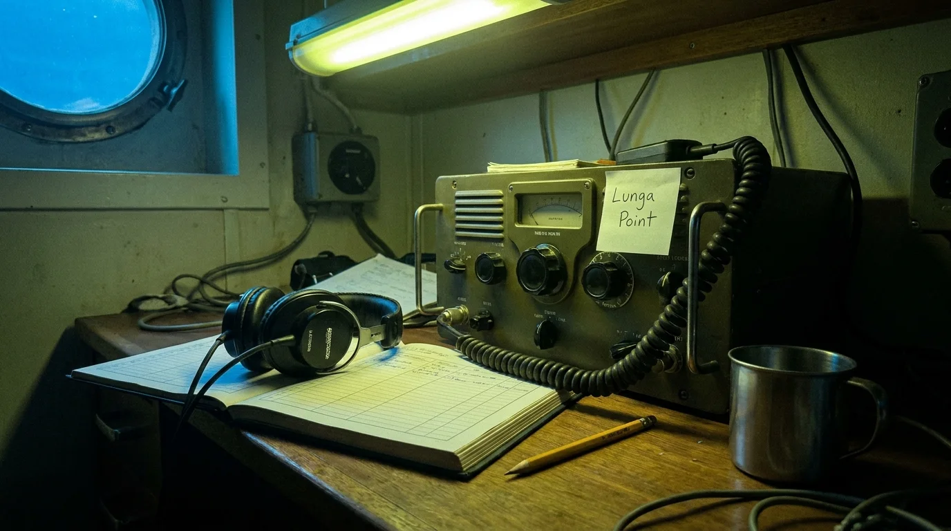A cramped radio station on a Navy ship featuring a 1940s radio unit and headphones.