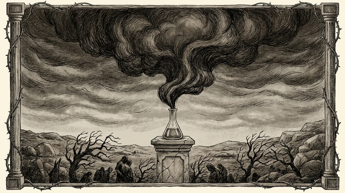 A dark, cross-hatched ink drawing of a mushroom cloud emerging from a small glass laboratory flask.