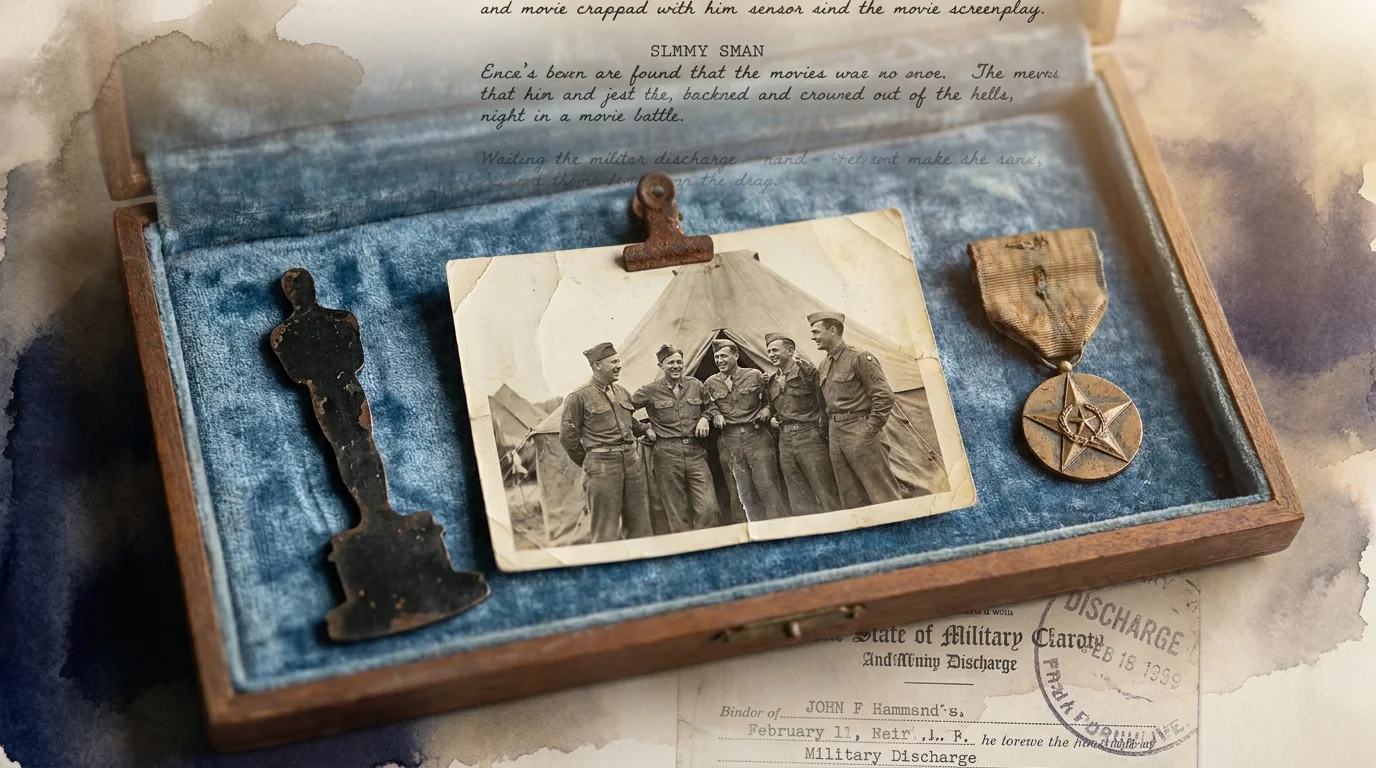 A display case holding an Oscar-style trophy and a military Bronze Star side-by-side.