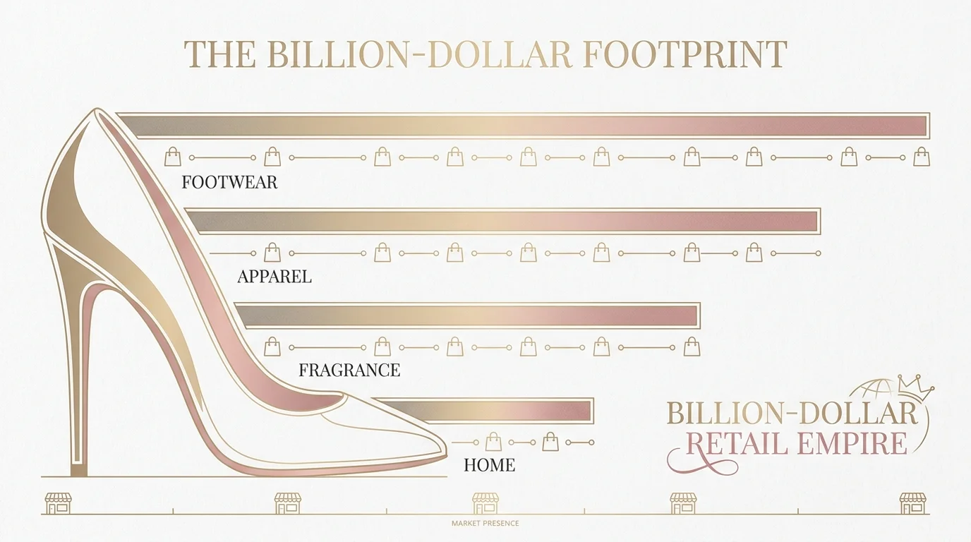A fashion-themed infographic using a high-heel icon and bar charts to illustrate a billion-dollar retail empire.