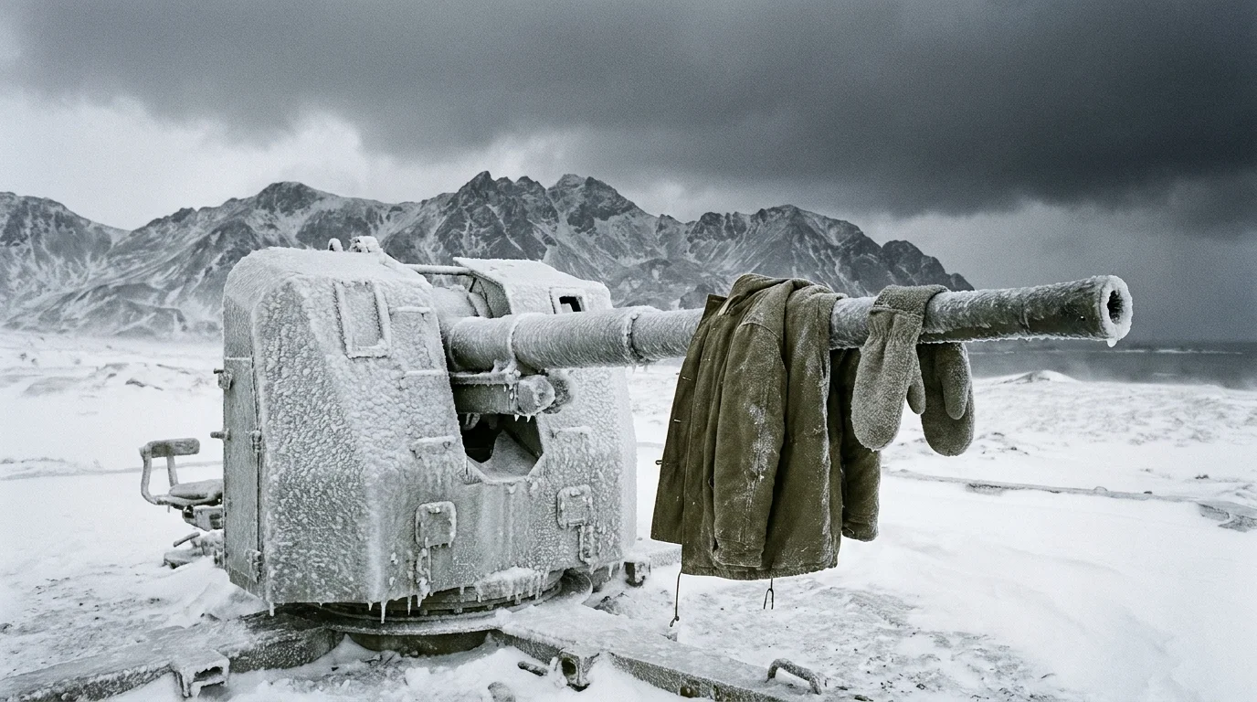 A frozen anti-aircraft gun turret in the snowy, desolate landscape of the Aleutian Islands.