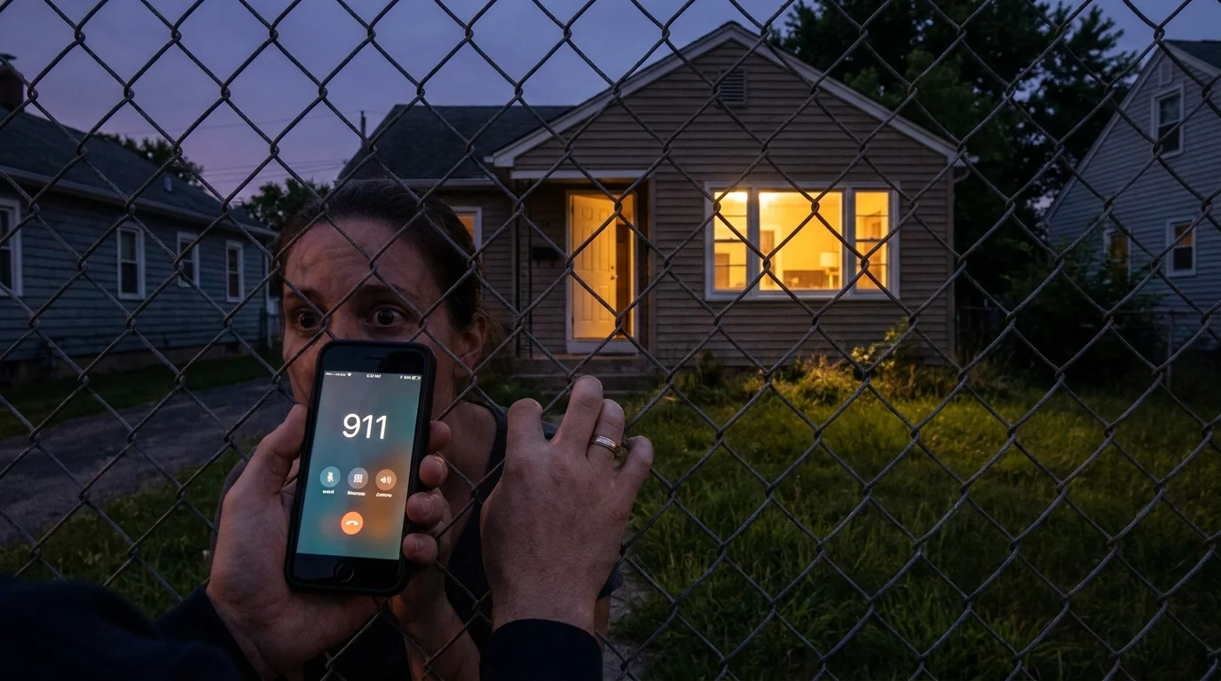 A hand holding a phone to call 911 through a chain-link fence in a quiet suburban neighborhood.