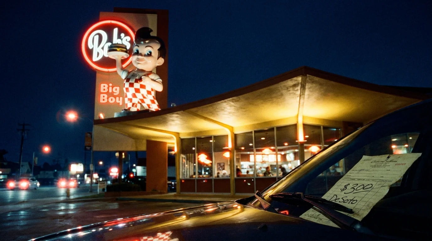 A low-angle night shot of the iconic Bob's Big Boy statue and Googie-style architecture under neon lights.