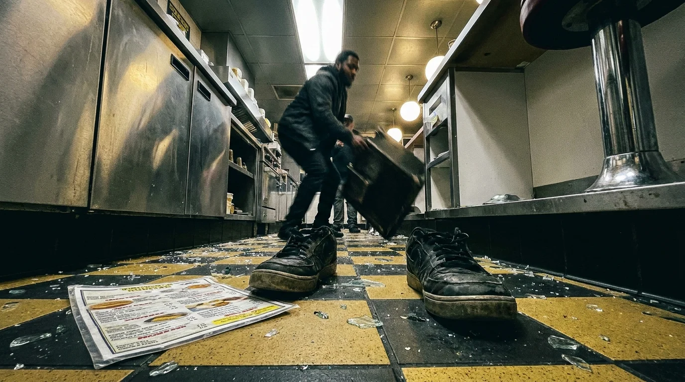 A low-angle shot inside a diner showing the floor with broken glass during a heroic struggle for a weapon.