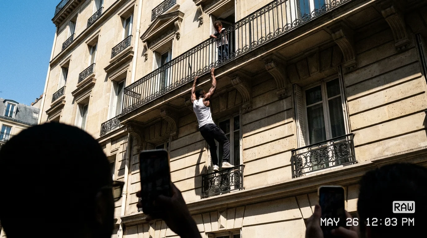 A low-angle shot of a man scaling the balconies of a Parisian apartment building to save a child dangling above.