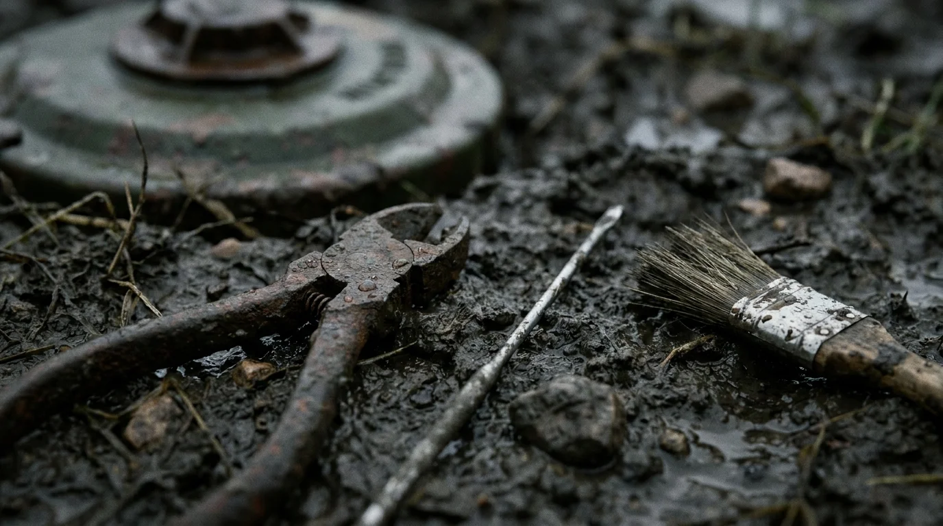 A macro shot of mine-clearing tools in the mud next to a partially buried landmine.