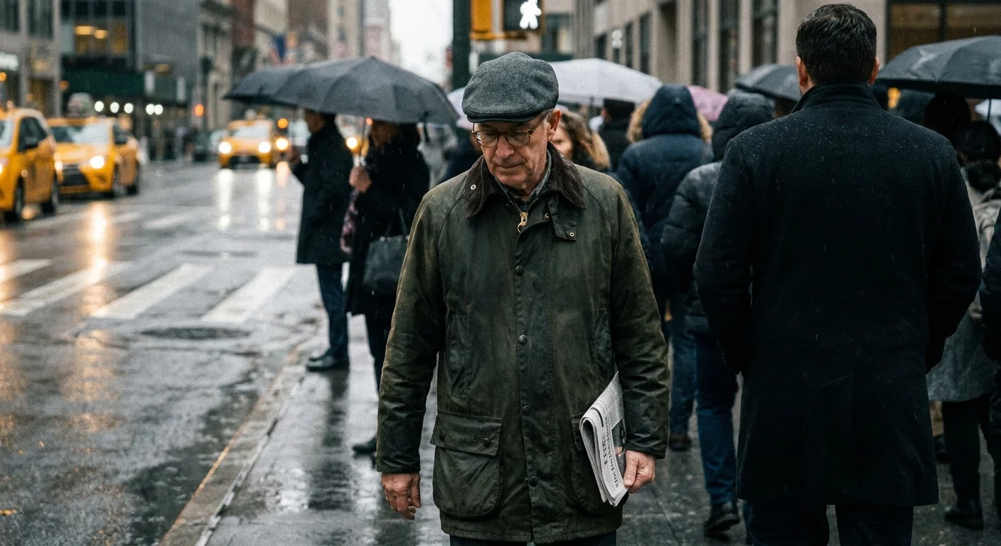 A man in a flat cap and green jacket walking through a rainy, crowded New York City street, blending in with commuters.