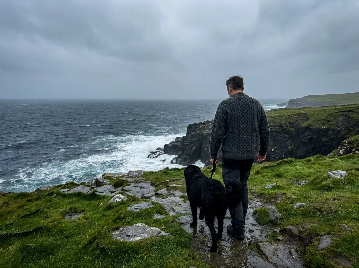 A man in a wool sweater walking his dog along a rugged, green Irish coastline under a moody grey sky.