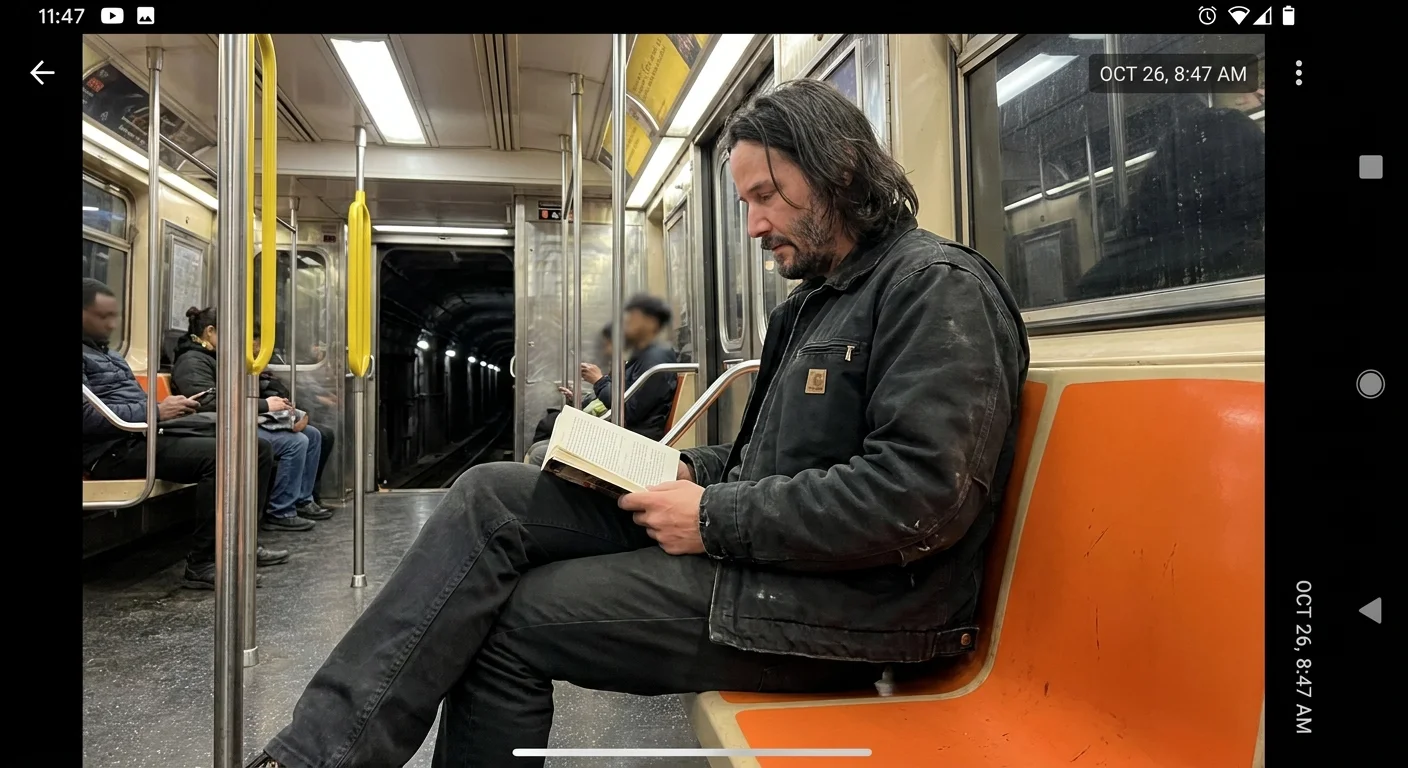 A man resembling Keanu Reeves sitting on a subway bench, reading a book among other commuters in a natural, candid setting.