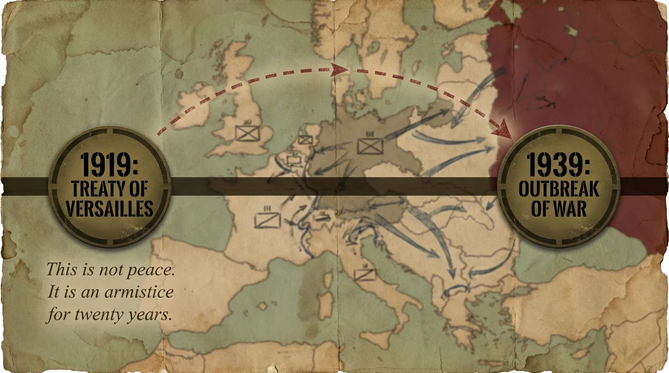 A military-style timeline showing the 20-year gap between the 1919 treaty and the start of WWII in 1939.