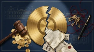 A mixed media collage featuring a cracked gold record, legal documents with red wax seals, and a gavel, symbolizing a divided estate.