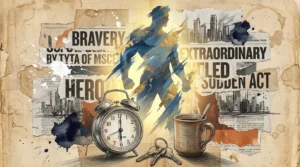 A mixed-media collage showing everyday items like a clock and keys transforming into a powerful, glowing heroic silhouette.