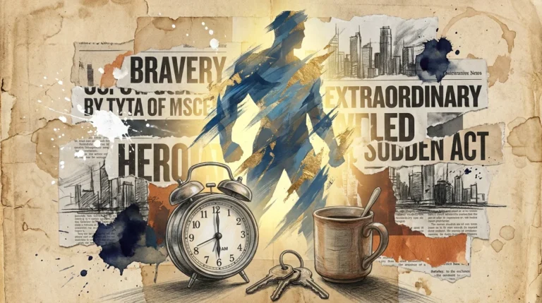 A mixed-media collage showing everyday items like a clock and keys transforming into a powerful, glowing heroic silhouette.