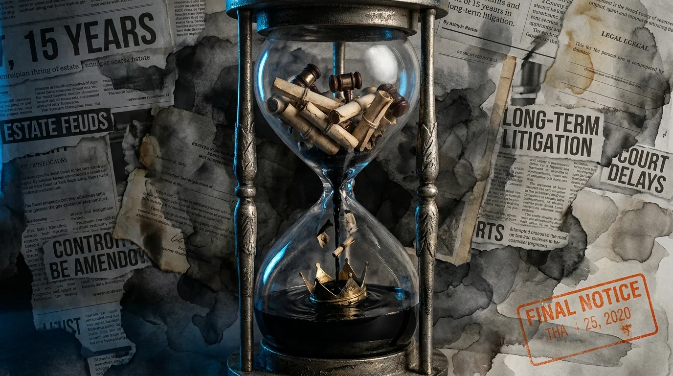A mixed media image of an hourglass filled with legal scrolls, with newspaper clippings about a 15-year battle in the background.