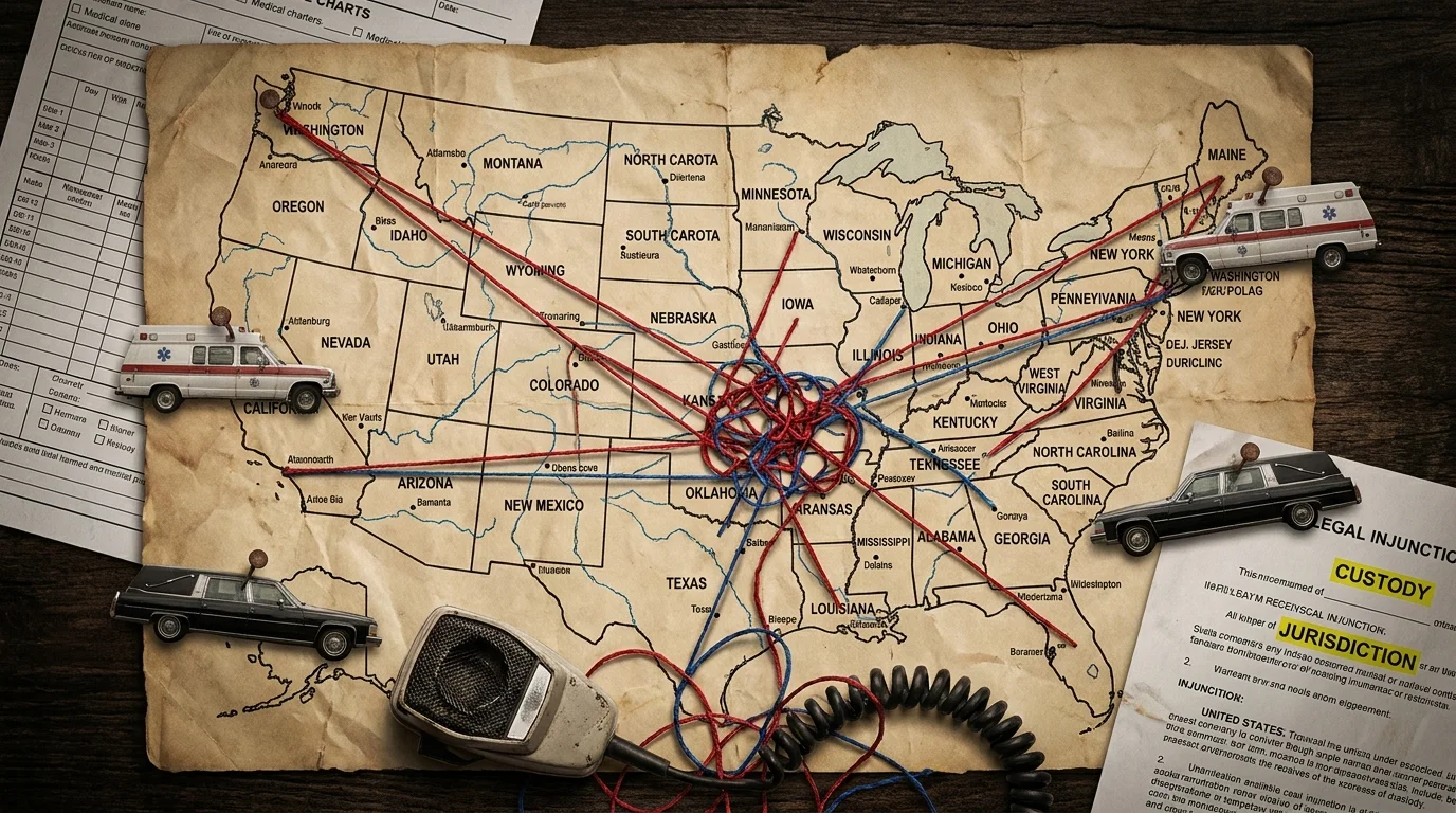 A mixed media map of the US with tangled red threads and legal documents, representing a cross-country custody battle.