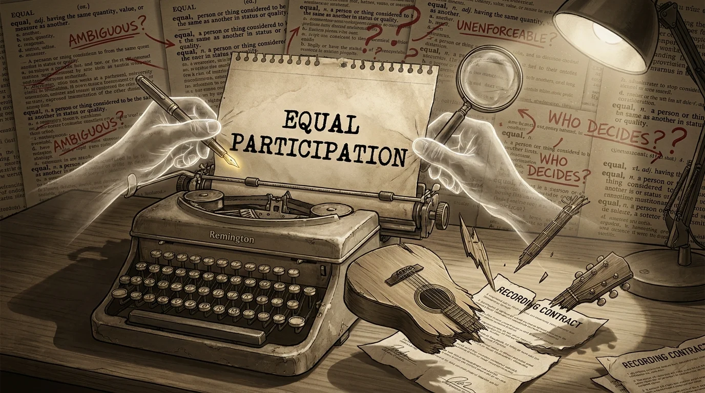 A mixed media piece showing the phrase 'Equal Participation' being pulled apart by ghostly hands near a broken guitar.