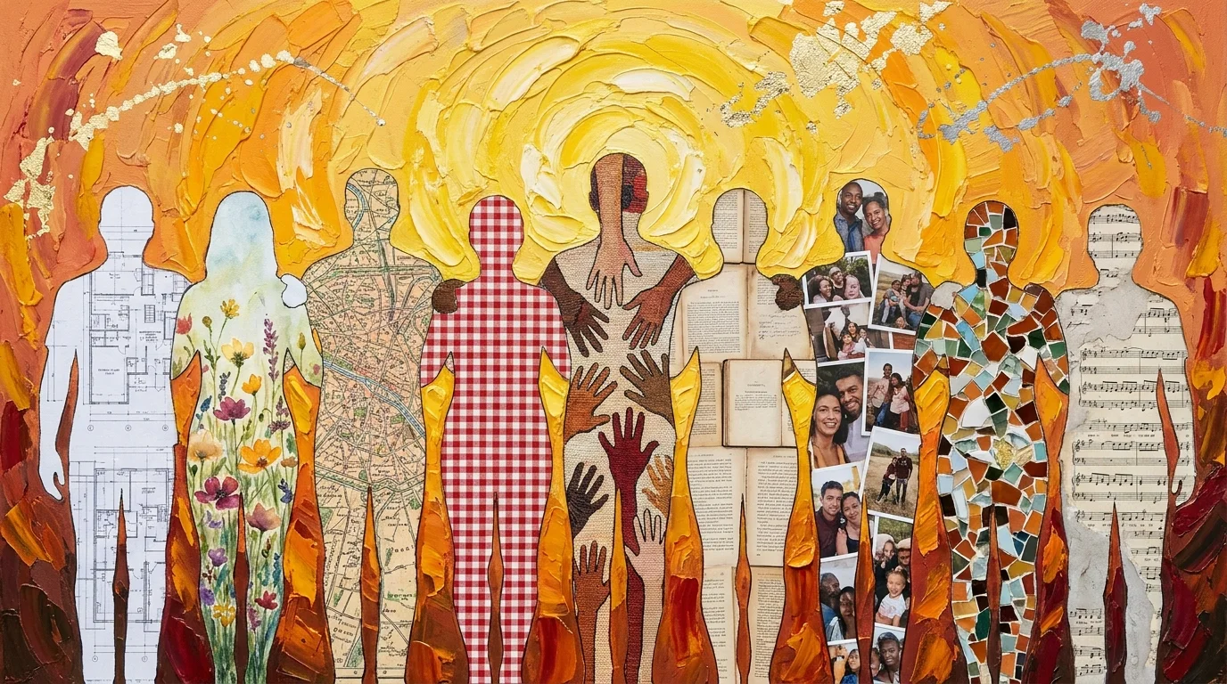A mural of nine silhouettes with different textures, standing together against a bright, textured sunburst.