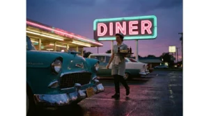 A nostalgic twilight scene at a classic 1950s drive-in with a glowing neon sign and a vintage car in the foreground.