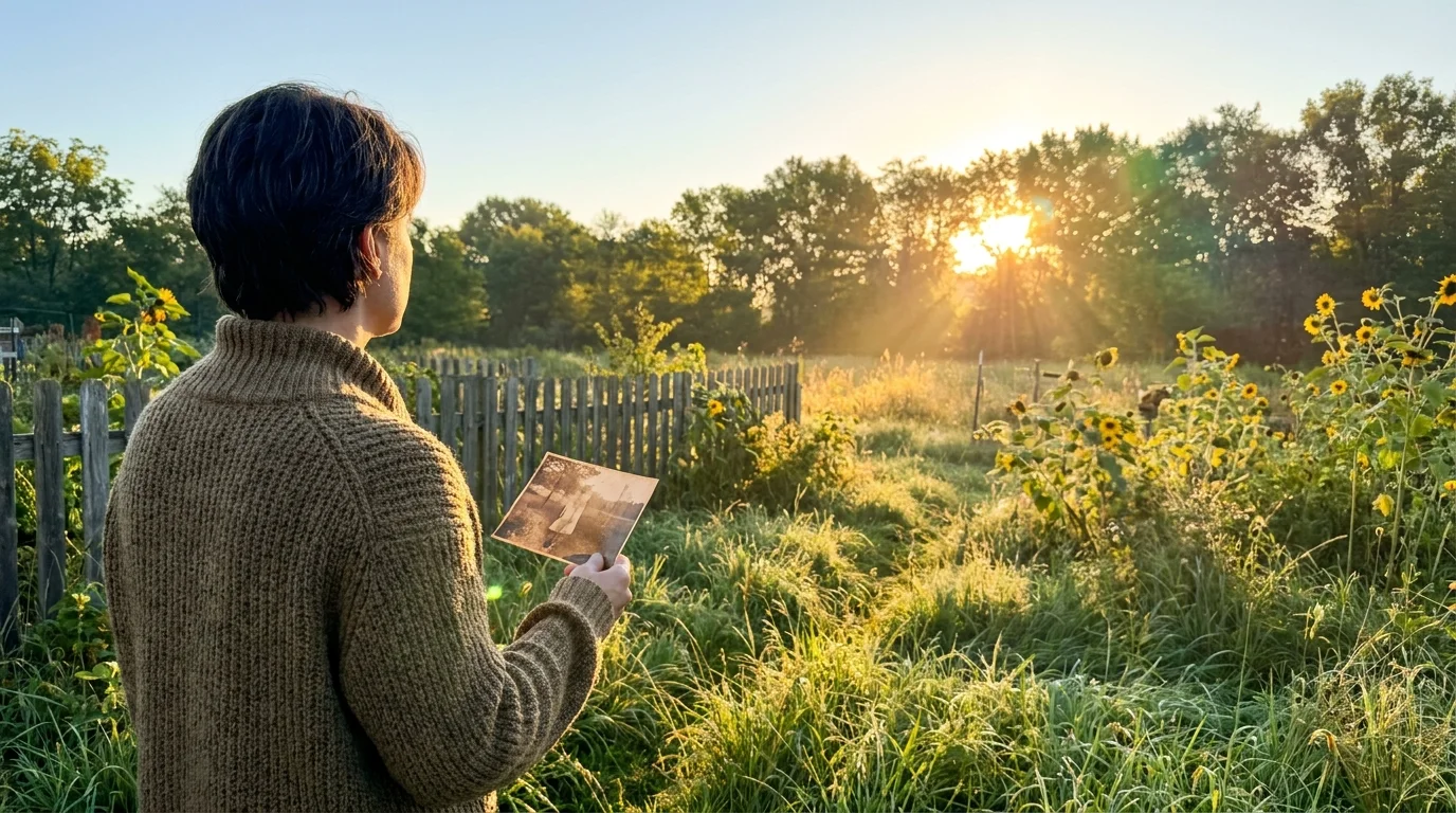 A person standing in a sunlit garden, looking at the horizon, representing healing and moving forward after family secrets are revealed.