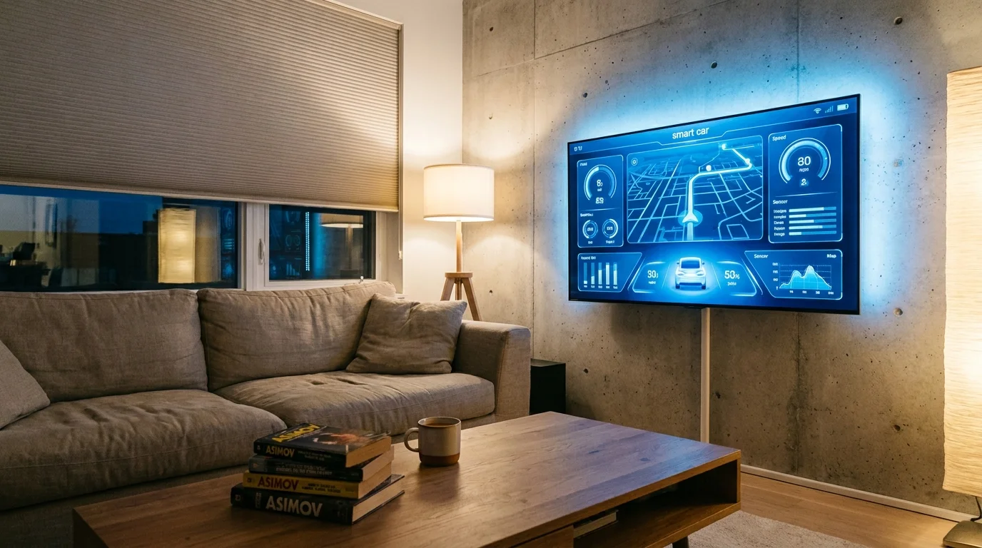 A photo of a modern thin-screen TV in a cozy living room with Isaac Asimov books on a coffee table.