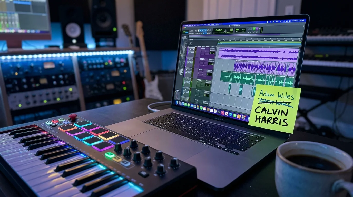 A photo of a music studio setup with a sticky note on a monitor showing Adam Wiles crossed out and Calvin Harris written below it.