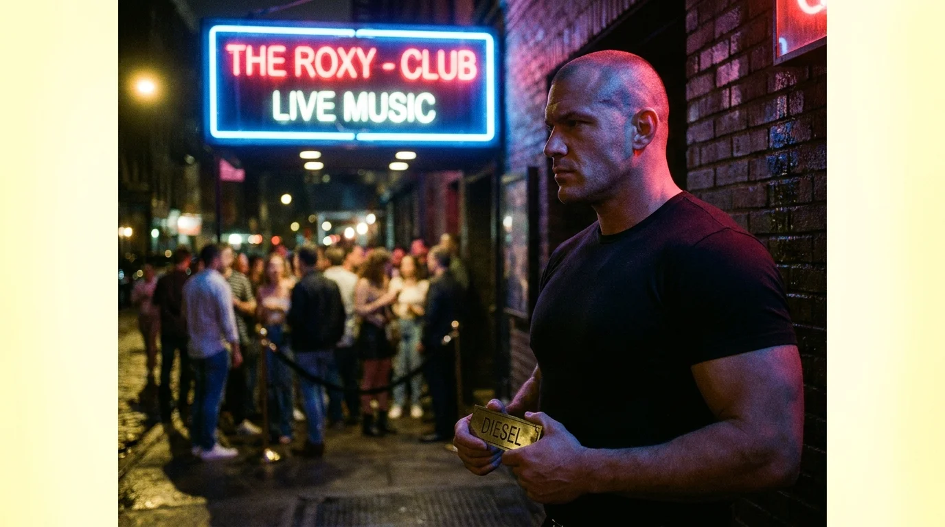 A photograph of a bouncer standing under a neon sign at night, holding a nameplate that reads Diesel.