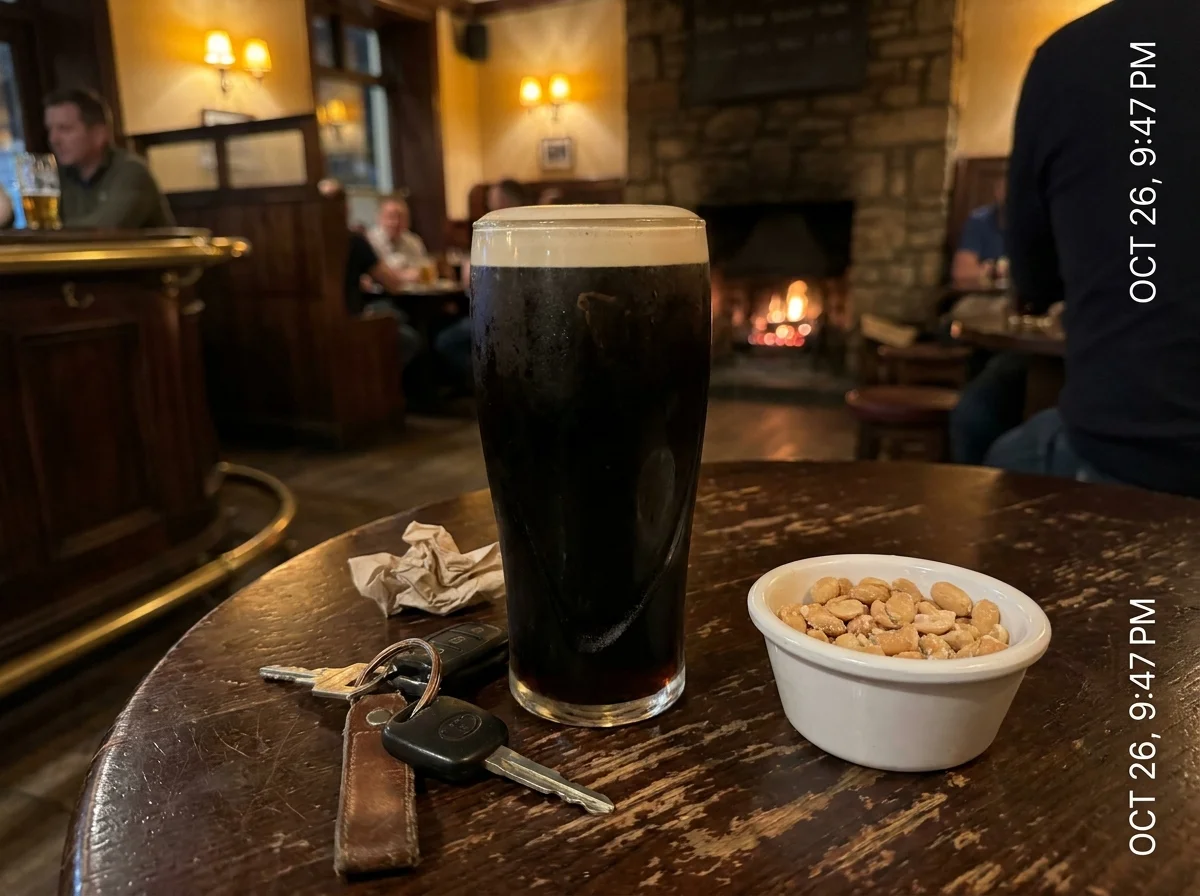 A pint of stout and a bowl of peanuts on a worn wooden table in a dimly lit, cozy English pub.