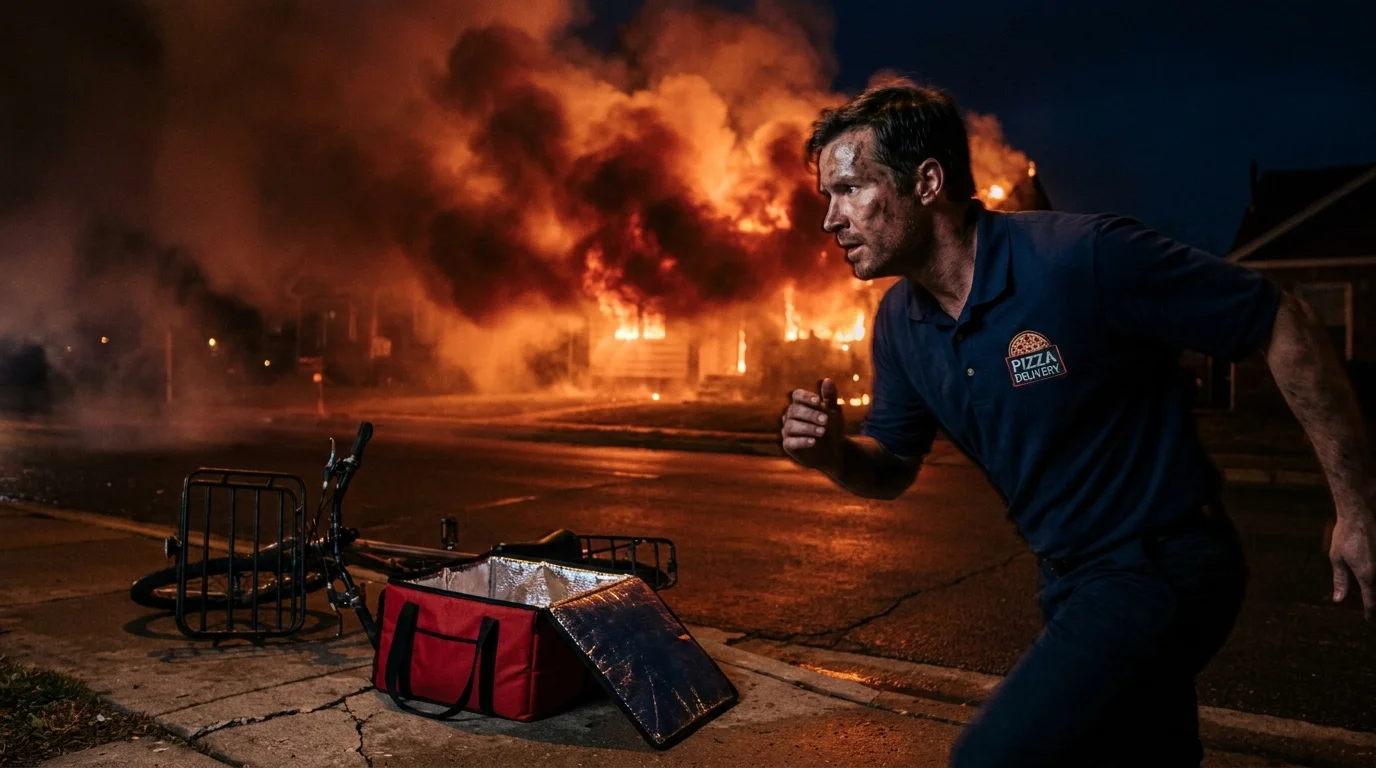 A pizza delivery driver running toward a burning house at night, illuminated by the orange glow of the fire.
