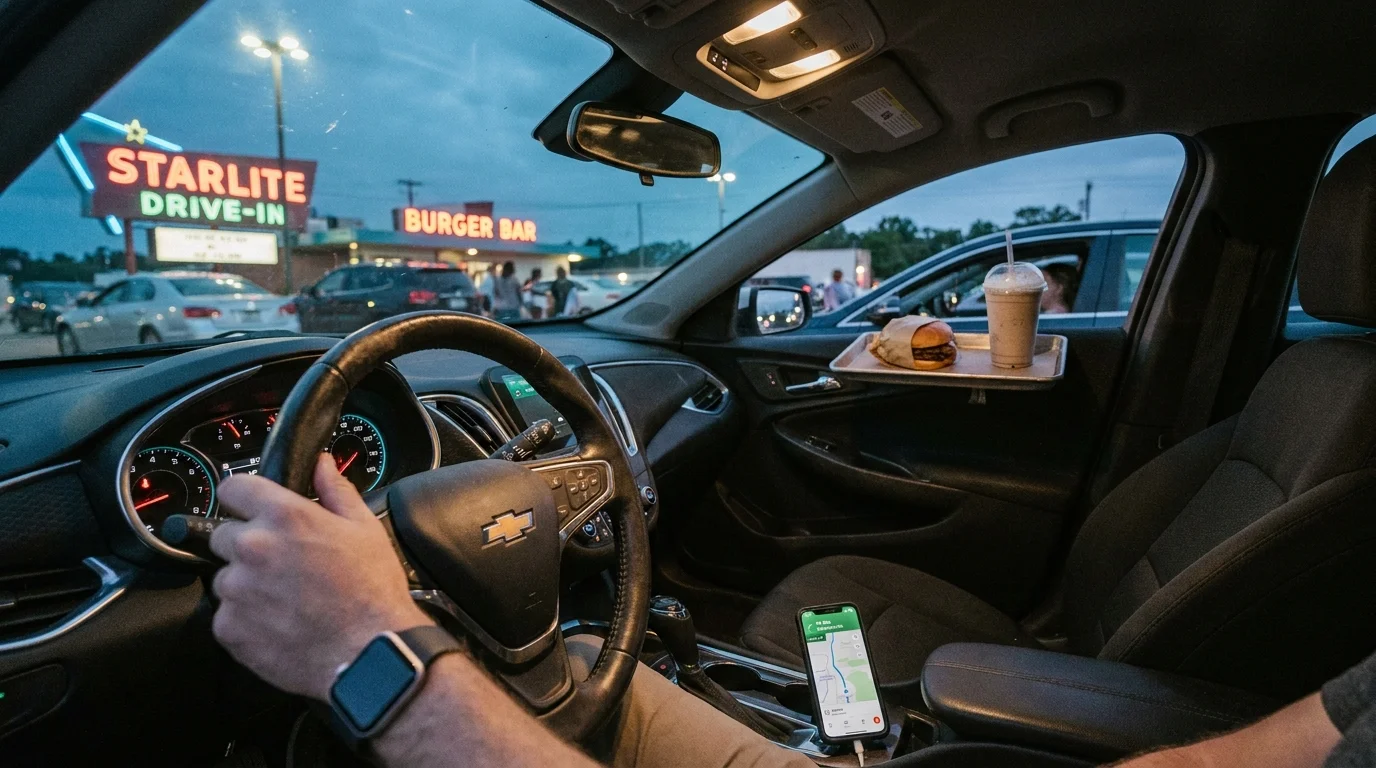 A POV shot from inside a car at a drive-in, showing a tray of food attached to the window at dusk.