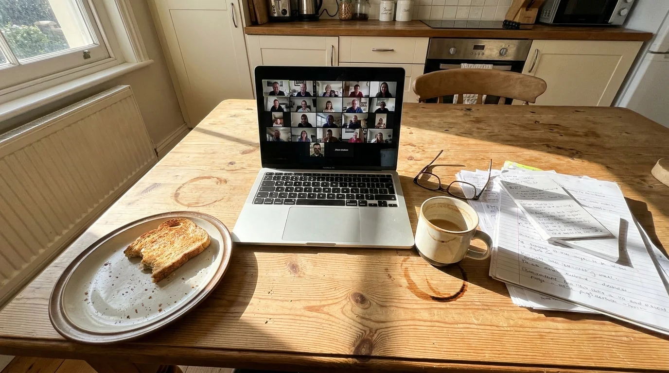A realistic, messy home office setup on a kitchen table with a laptop showing a video meeting.