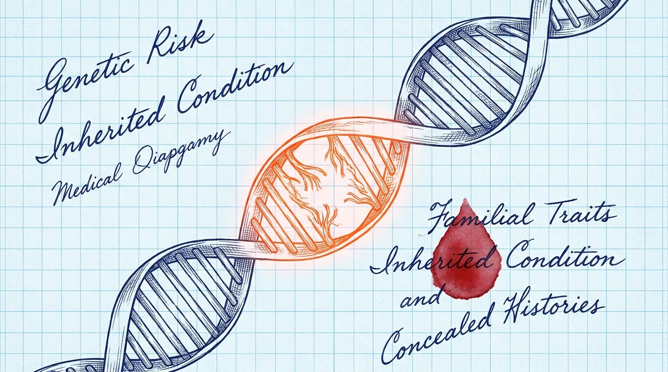 A scientific drawing of a DNA strand with one section frayed and glowing orange, surrounded by handwritten medical notes.